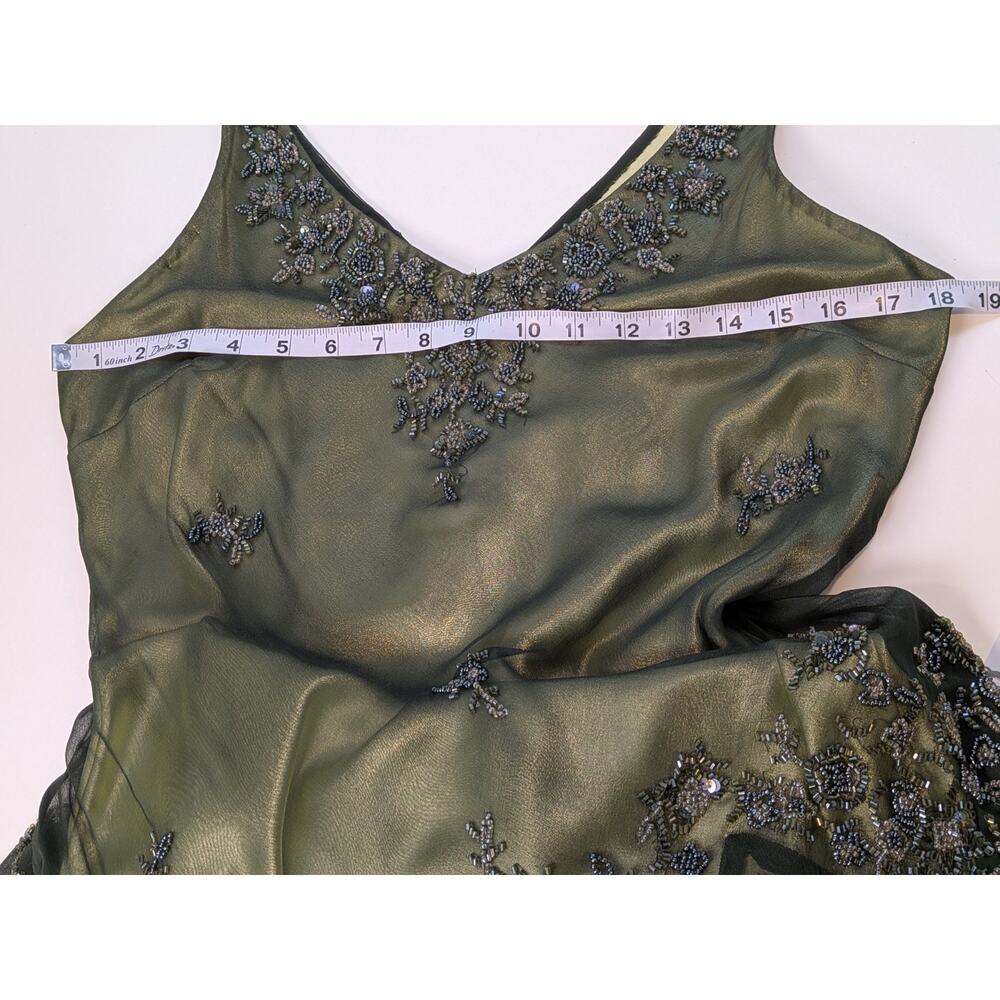 Vintage Silk Prom Dress Midi Gown L Green Y2K Fairy Floral Bead 90s Nymph Guest - Picture 8 of 11